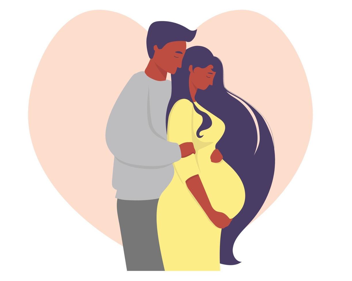 maternidade e família morena. uma mulher grávida feliz em um vestido amarelo abraça sua barriga com as mãos e ao lado de um homem de etnia. contra o pano de fundo do coração. ilustração vetorial vetor