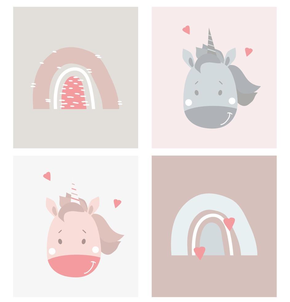 conjunto de rostos de animais fofos. cartões criativos com unicórnios fofos - menino e menina e diferentes arco-íris. amor e corações. ilustração vetorial para design de cartão escandinavo, impressão e decoração, decoração infantil vetor