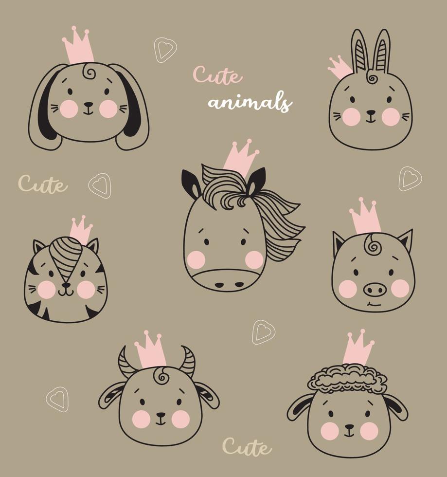 animais fofos. retratos simples e fofos de animais de estimação em coroas - cavalo e coelho, gato e cachorro, porco, ovelha e touro. desenho de esboço. coleção de crianças. vetor para design, impressão e decoração. estilo escandinavo