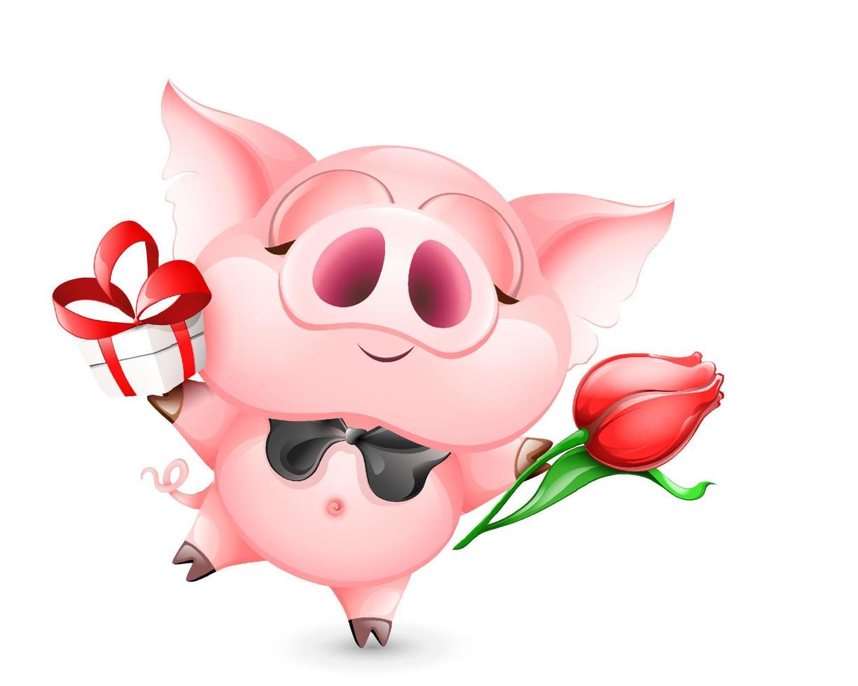engraçado Rosa desenho animado festivo porco cavalheiro com Preto arco gravata, tulipa flor e presente caixa. isolado vetor