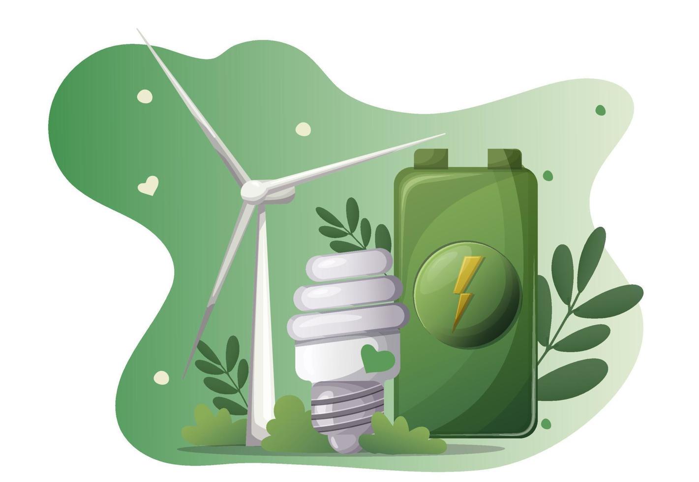 conceito renovável, verde energia planeta. moinho de vento, bateria, economia de energia lâmpada. vetor. para Educação vetor