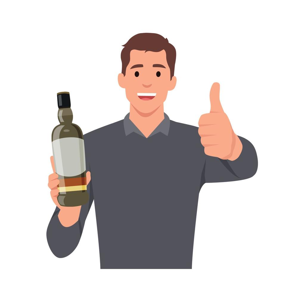 álcool viciado, espírito bebidas, bebendo solitário conceito. jovem sorridente homem desenho animado personagem em pé segurando garrafa do vinho, uísque ou de outros álcool beber e pronto para ter isto sozinho vetor