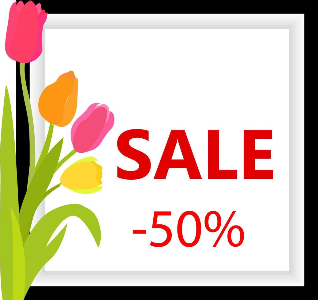 tulipas e quadro. festivo fundo com flores e texto do descontos e especial ofertas. vetor