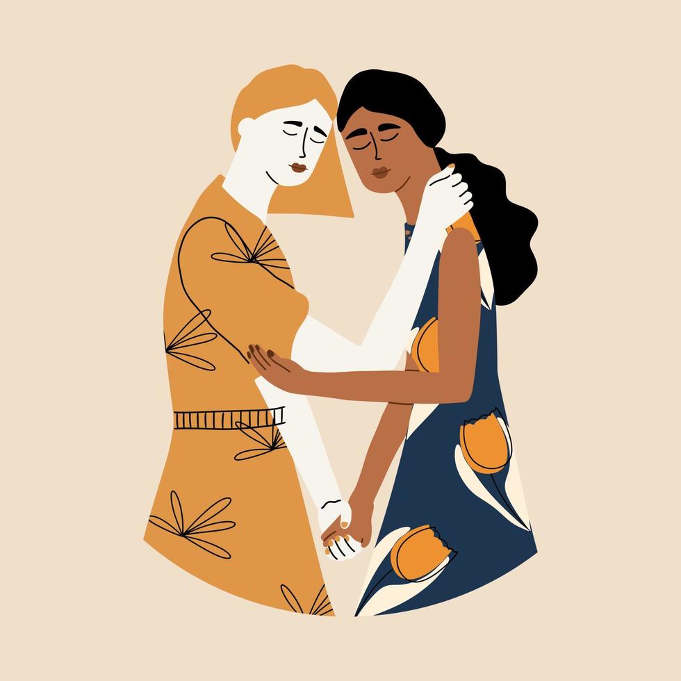 a conceito do fêmea apoiar, amor, amizade, força e solidariedade. dois mulheres estão segurando cada outro. vetor ilustração dentro plano estilo