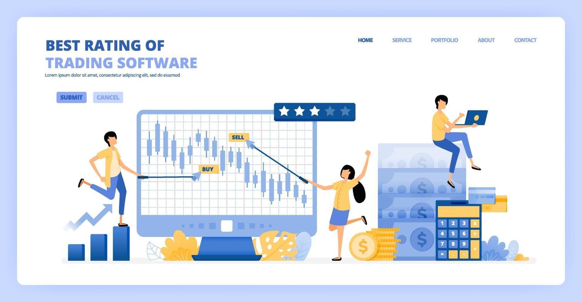 as pessoas trocam softwares de gráficos de velas por lucros e investimentos de longo prazo. avaliação e revisão de literacia financeira. pode ser usado para modelo de página de destino ui ux web aplicativo móvel pôster banner website flyer anúncio vetor