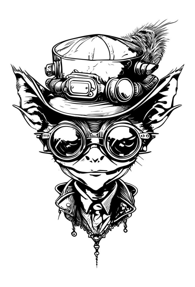goblin vestindo vidro e chapéu logotipo steampunk vetor