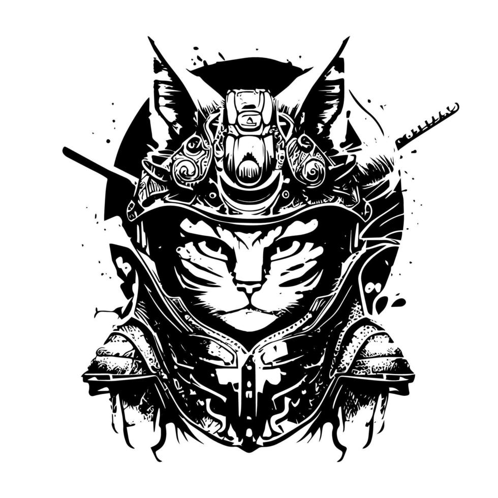 samurai gato logotipo Preto e branco mão desenhado ilustração vetor
