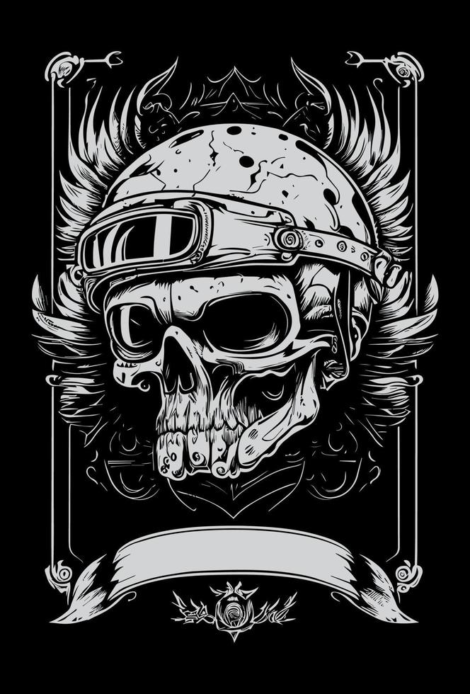 crânio motocicleta motociclista vestindo oculos de sol e capacete Preto e branco mão desenhado ilustração vetor