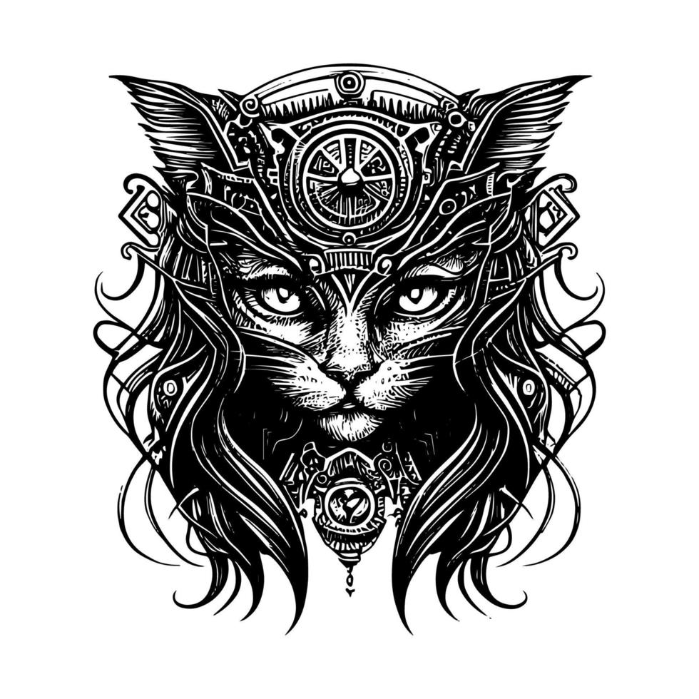 steampunk cabelo longo gato logotipo é uma único e encantador mistura do era vitoriana estética e felino graça. isto Projeto características uma cabeludo gato com fluindo pelagem, vestindo uma colarinho com engrenagens vetor