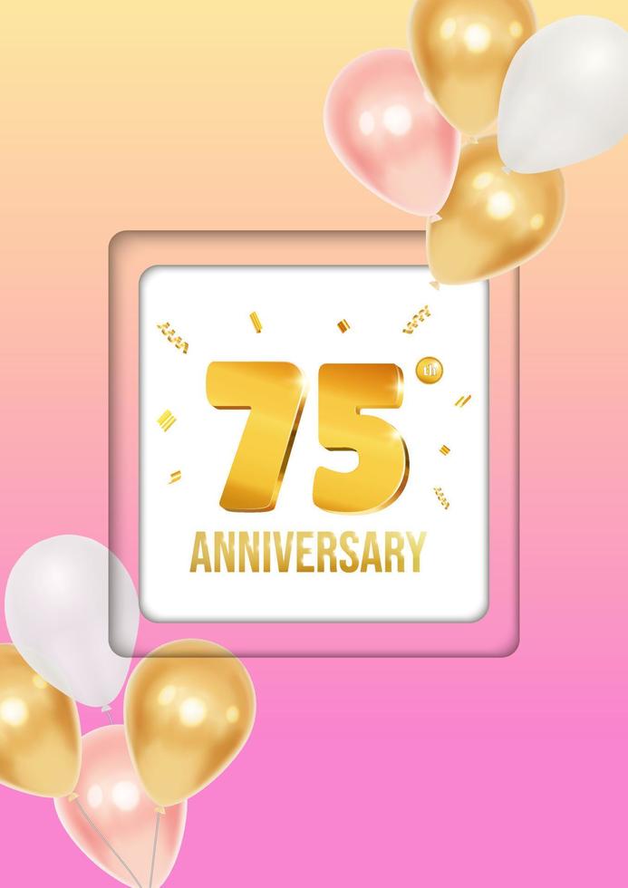 brilhante aniversário celebração folheto poster com balões e dourado números 75 vetor