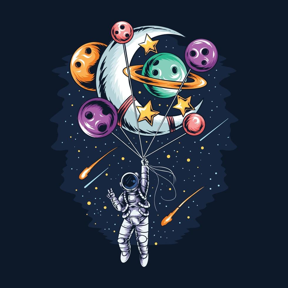 astronauta voando segurando balões do planeta e da lua vetor