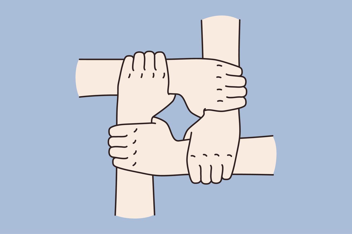 pessoas colocar Junte-se mãos juntos mostrar equipe unidade e ligação. diverso empregados ou trabalhadores acionado dentro consolidação de equipe atividade. trabalho em equipe e cooperação conceito. plano vetor ilustração.