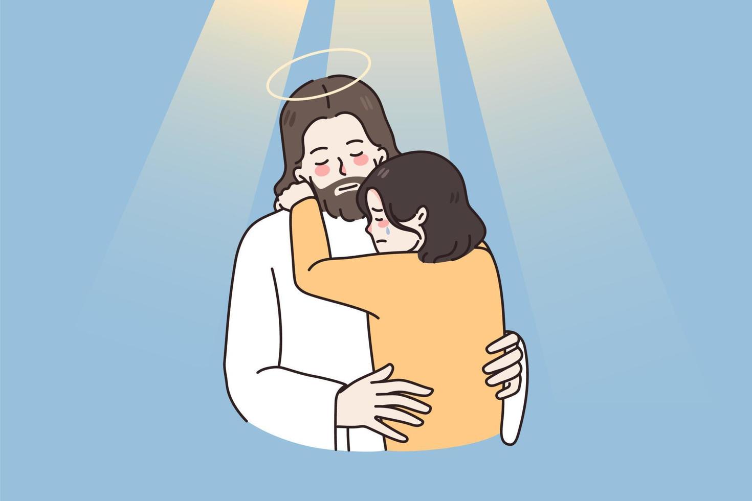 Jesus abraço conforto chorando menina criança sentir solidário mostrar amor e Cuidado. Cristo abraço Apoio, suporte infeliz triste criança angustiado com problemas. fé e religião. crente dentro Deus. vetor ilustração.