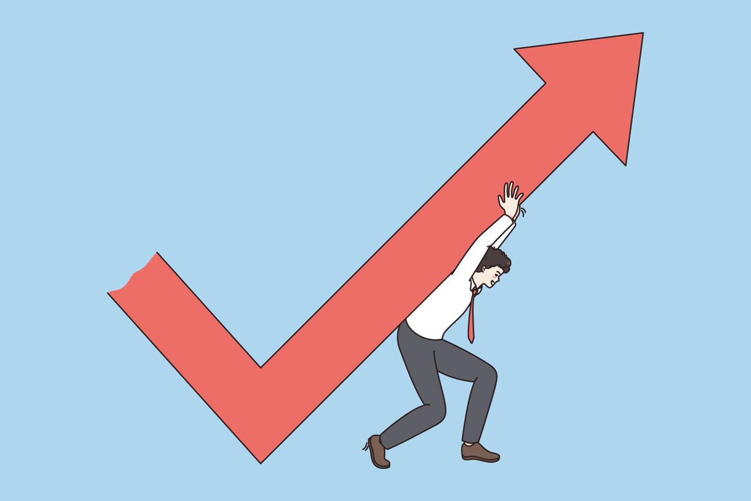 jovem homem de negocios levar enorme seta face acima em costas alcance financeiro estabilidade e objetivo conquista. motivado masculino empregado ou trabalhador aumentar renda ou lucro. plano vetor ilustração.