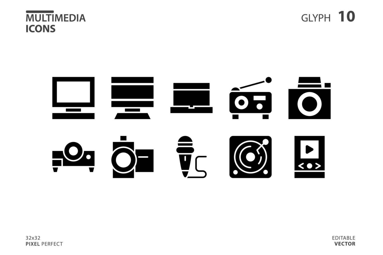 coleção de ícones de multimídia em estilo glifo. ilustração vetorial e curso editável. isolado no fundo branco. vetor