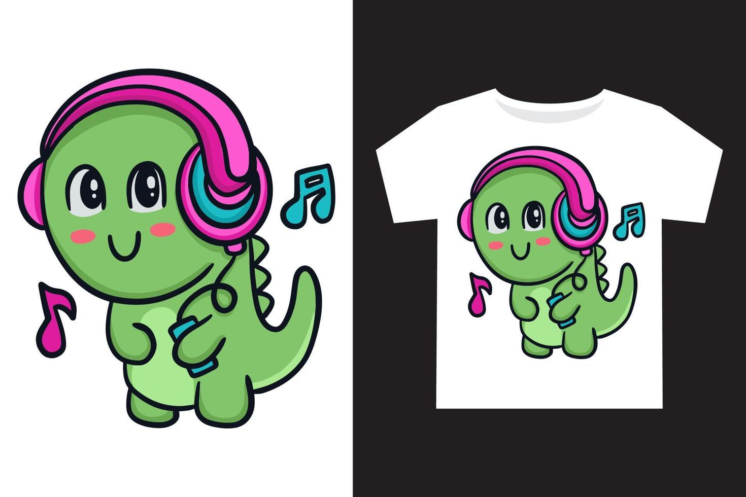 mão desenhado fofa pequeno dino com fone de ouvido ouvindo música desenho animado ilustração para crianças t camisa Projeto vetor