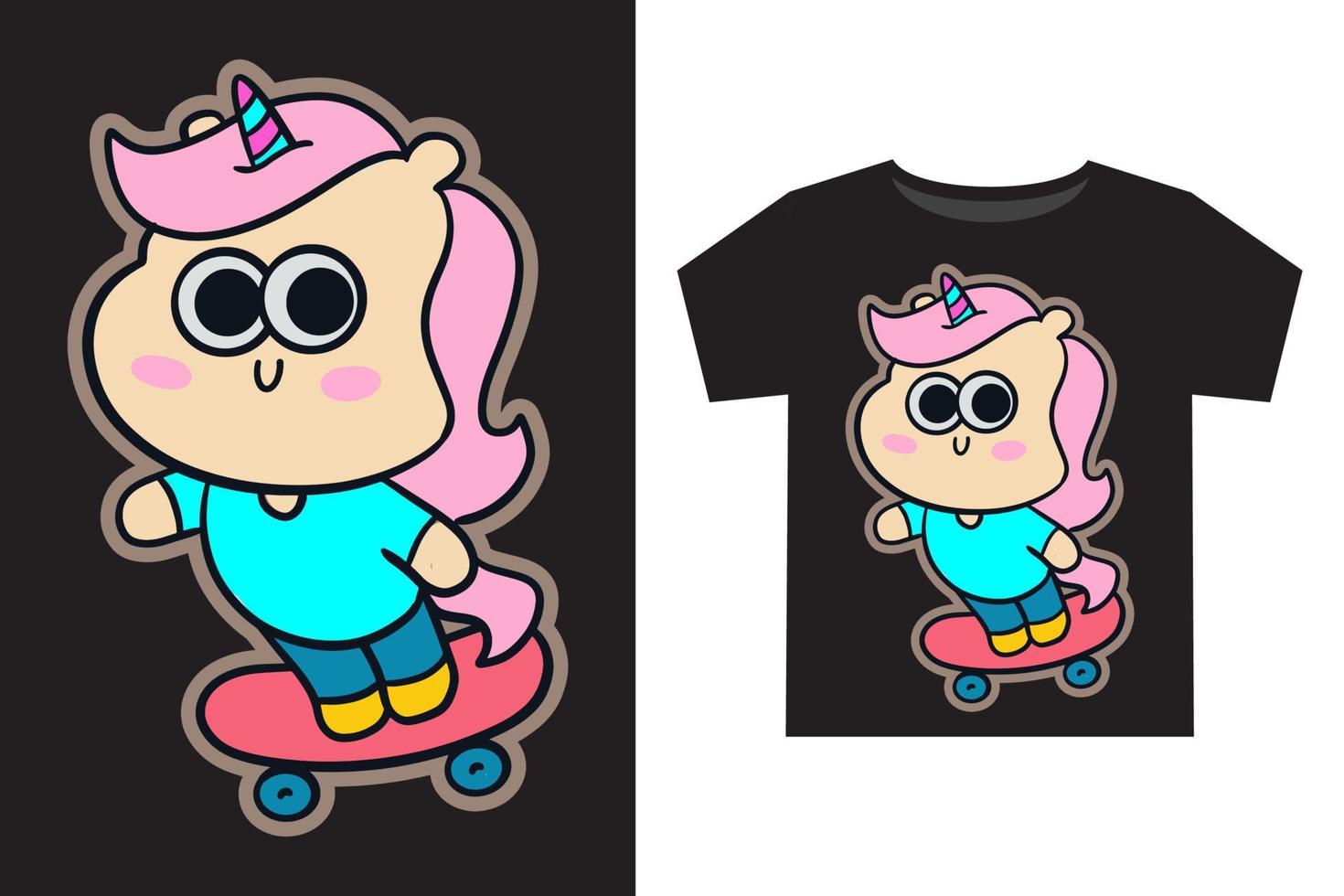 mão desenhado engraçado pequeno unicórnio com skate desenho animado ilustração para crianças t camisa desgin vetor