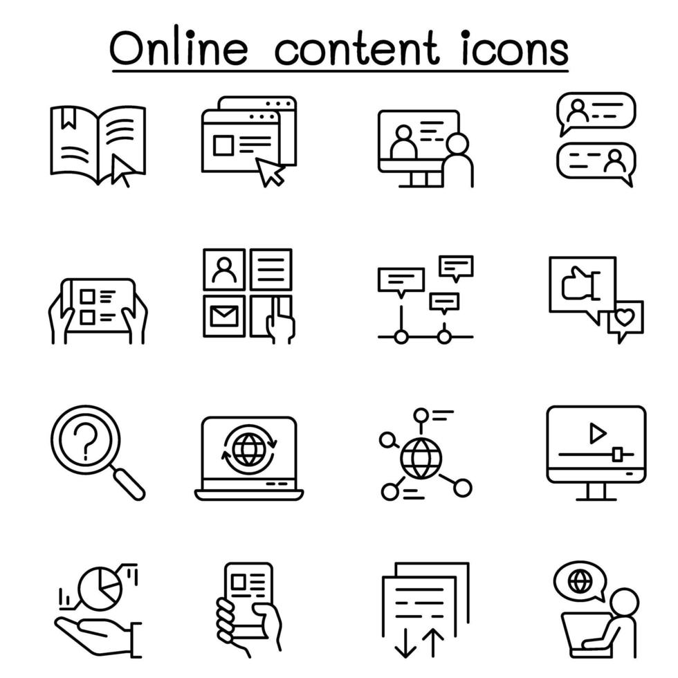 ícone de conteúdo online definido em estilo de linha fina vetor