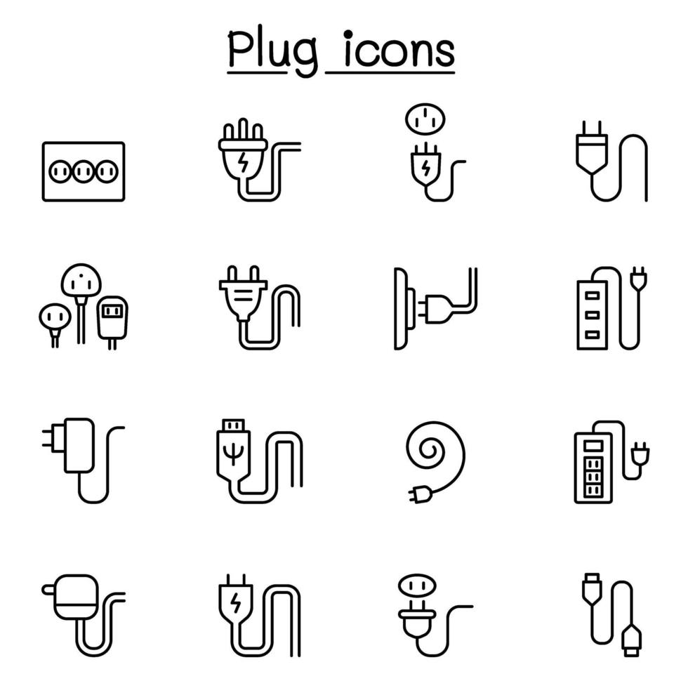 ícone de plugue, usb, cabo, soquete definido em estilo de linha fina vetor