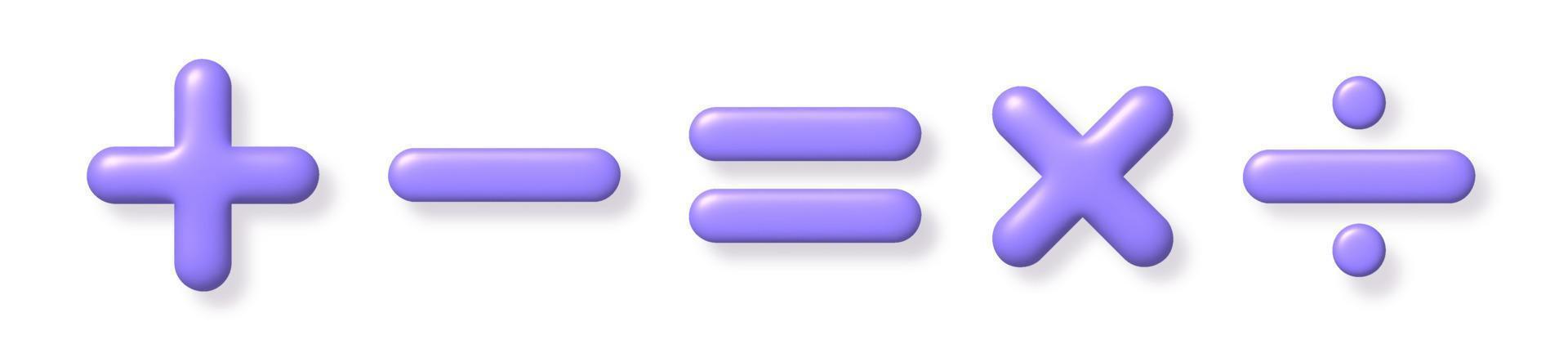 matemática 3d ícone definir. roxa aritmética mais, menos, é igual a, multiplicar e dividir sinais em branco fundo com sombra. vetor ilustração.