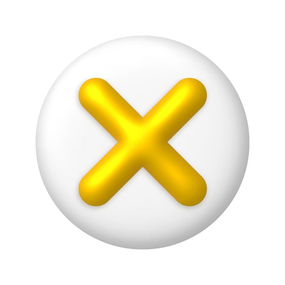 dourado cancelar Cruz marca ícone em volta branco botão. 3d realista Projeto elemento. vetor