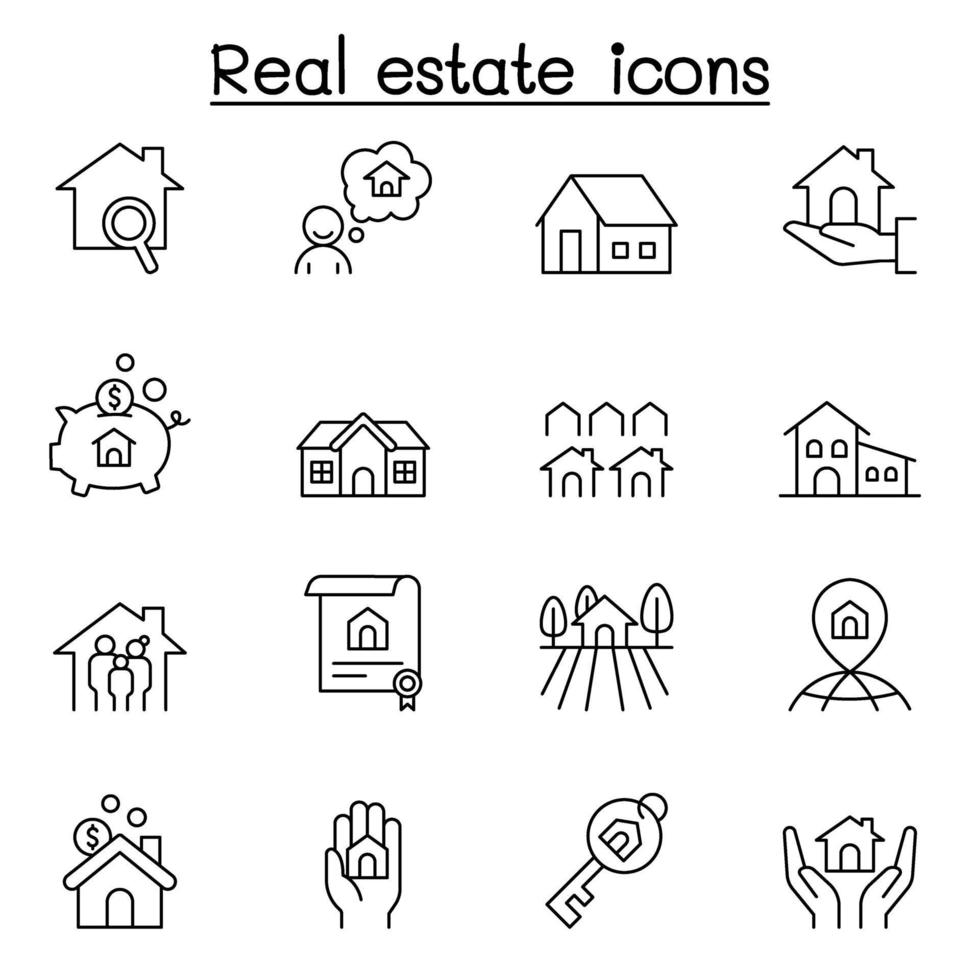 ícones imobiliários em estilo de linha fina vetor