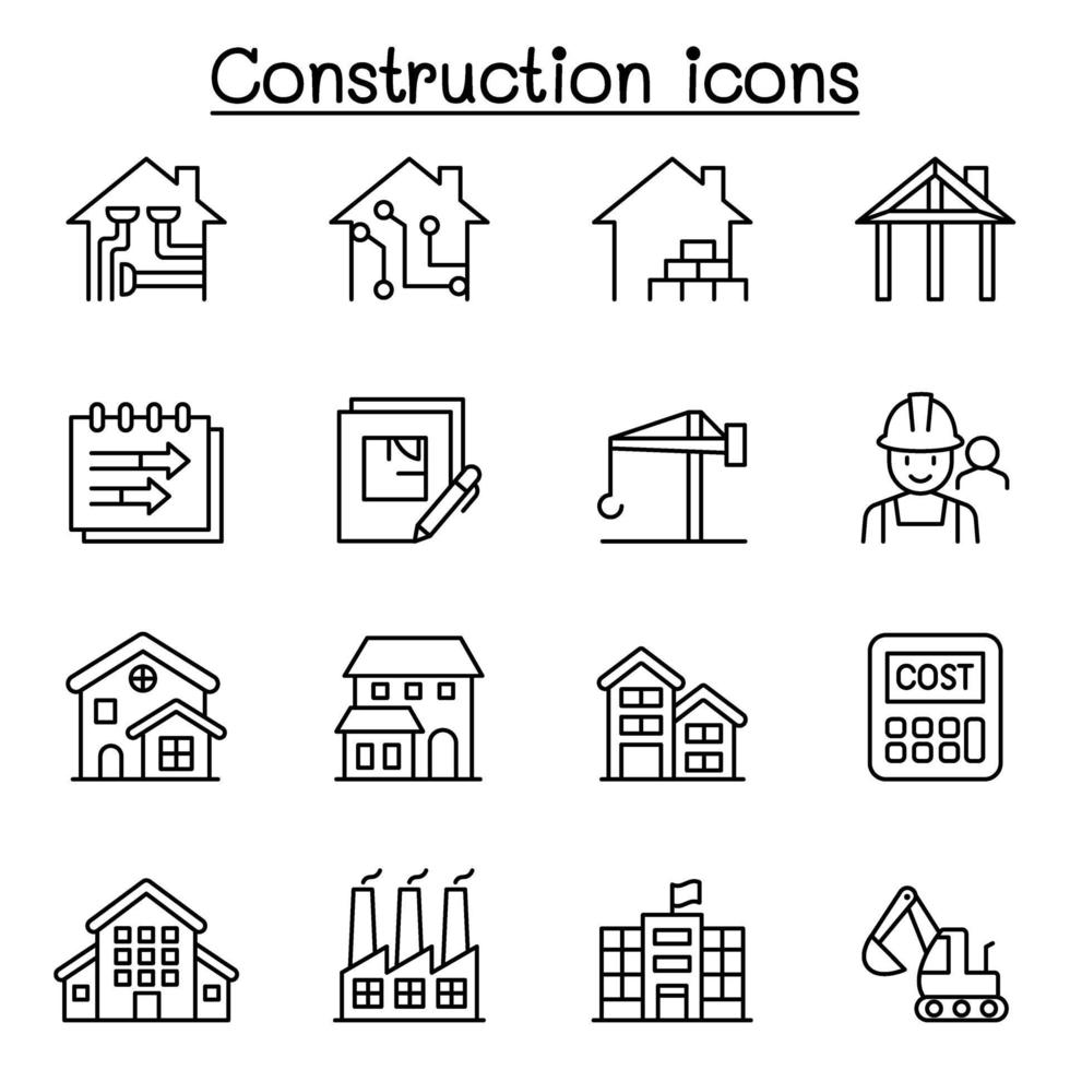 ícone de construção definido em estilo de linha fina vetor