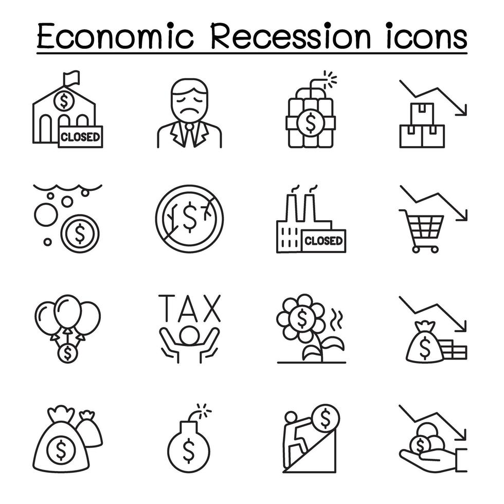 recessão econômica, ícones de crise de negócios em estilo de linha fina vetor