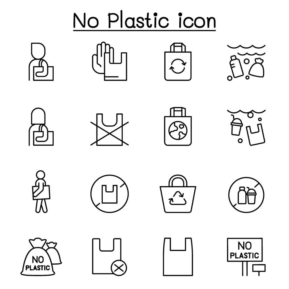 nenhum ícone de sacola de plástico definido em estilo de linha fina vetor