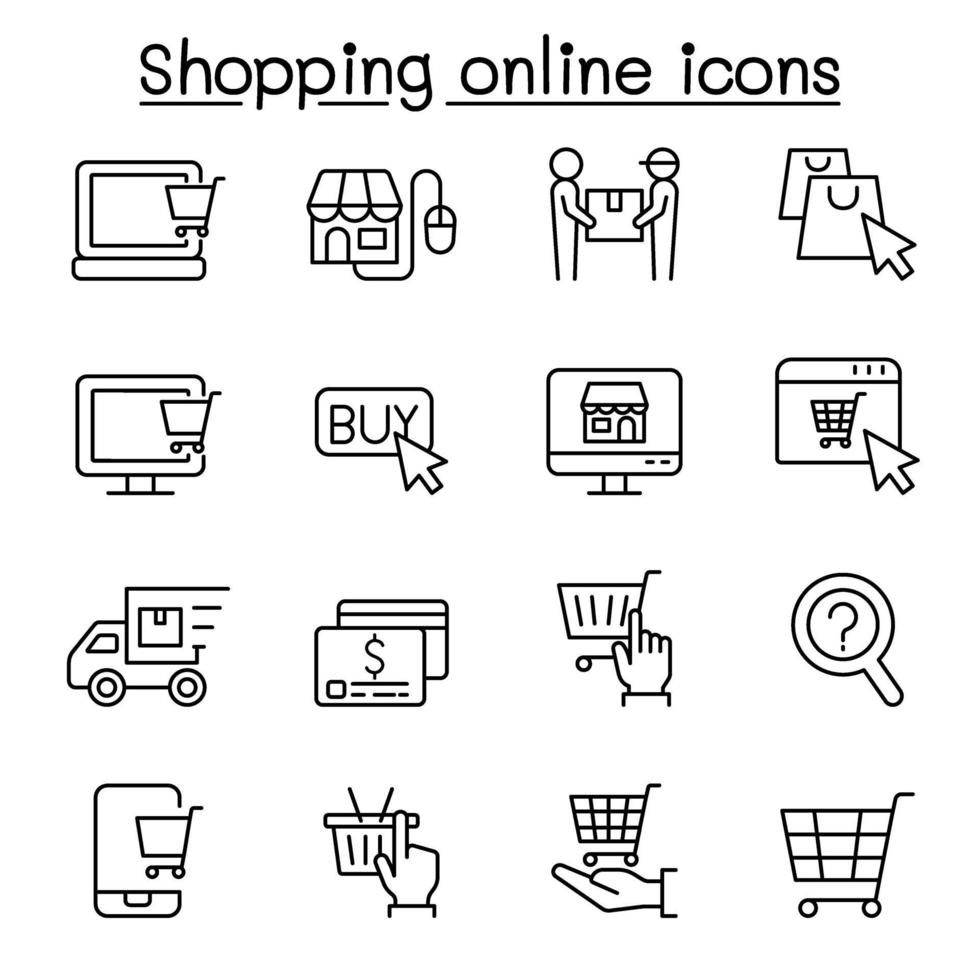 ícone de compras online definido em estilo de linha fina vetor