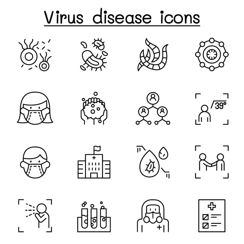 doença viral, covid-19, ícone do coronavírus definido em estilo de linha fina vetor