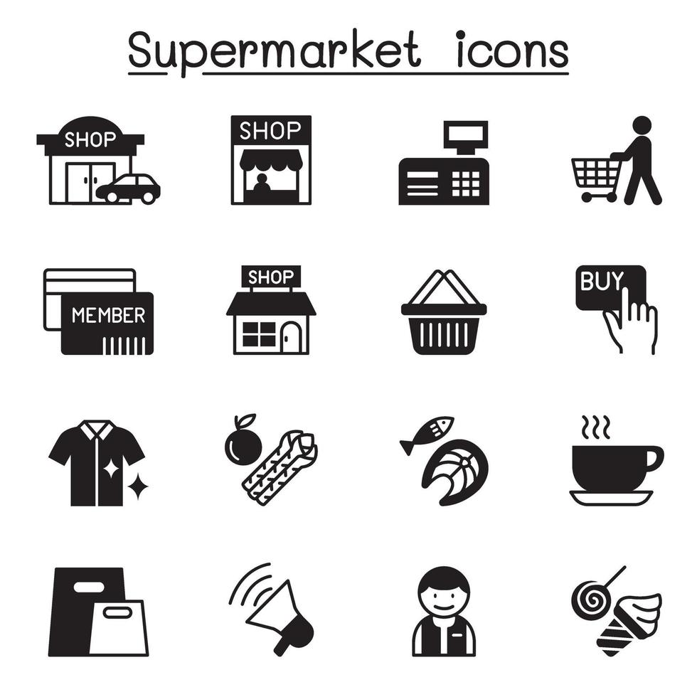supermercado, shopping center, shopping center icon set ilustração vetorial design gráfico vetor