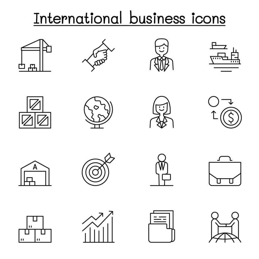 ícone de negócios internacionais definido em estilo de linha fina vetor