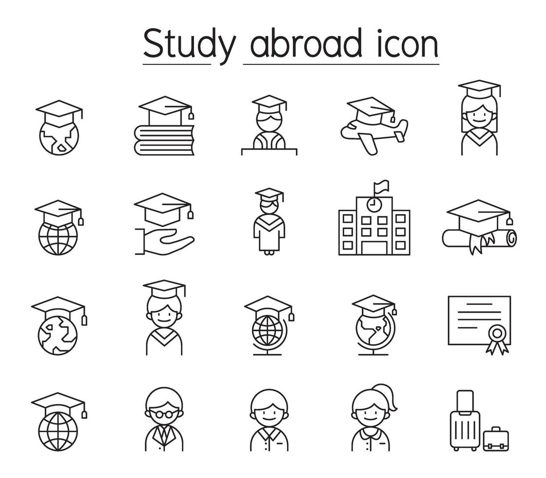 ícone de estudo no exterior definido em estilo de linha fina vetor