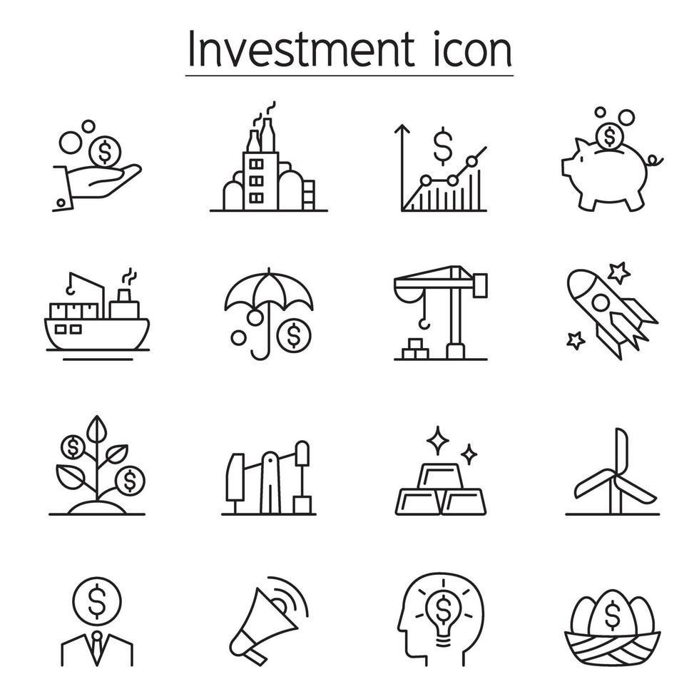 ícone de investimento definido em estilo de linha fina vetor