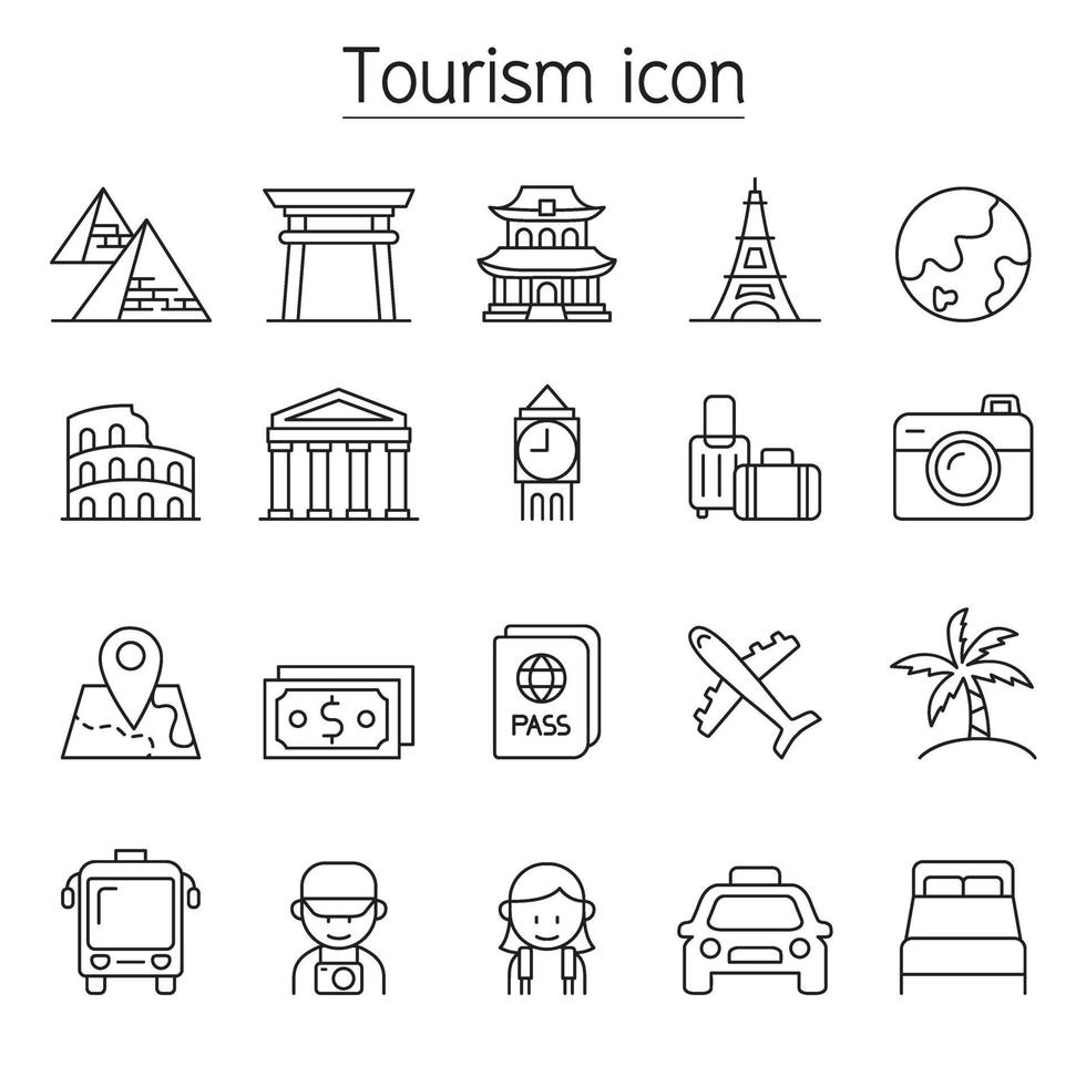 ícone de turismo e marco definido em estilo de linha fina vetor