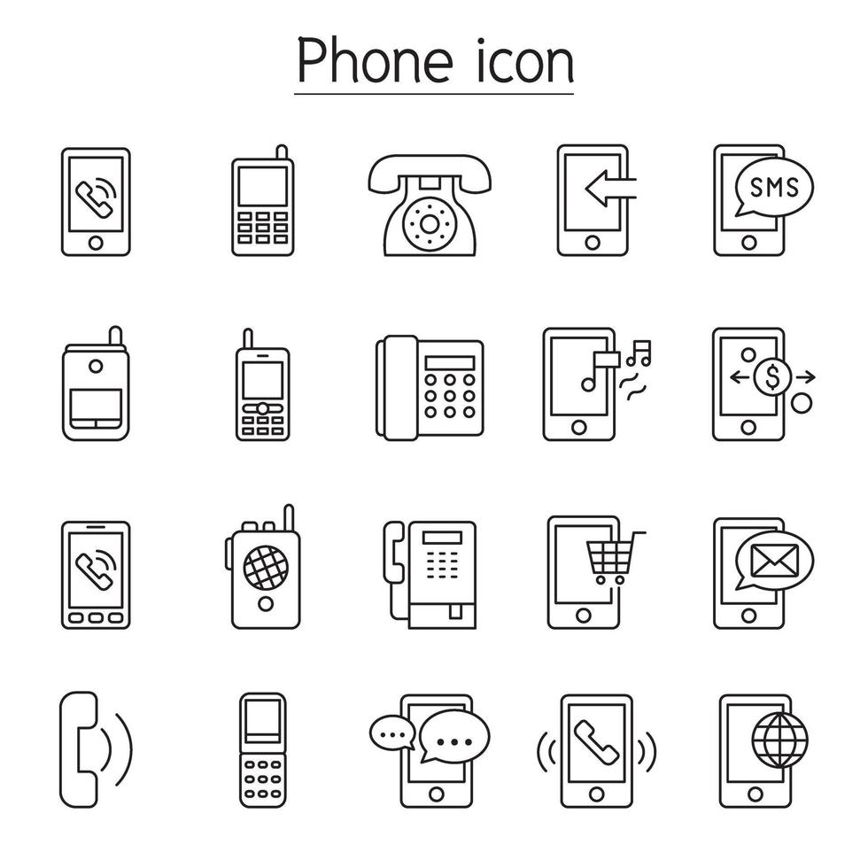 ícones de telefone, telefone, smartphone definidos em estilo de linha fina vetor