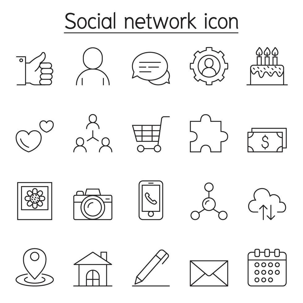 ícone de rede social definido em estilo de linha fina vetor