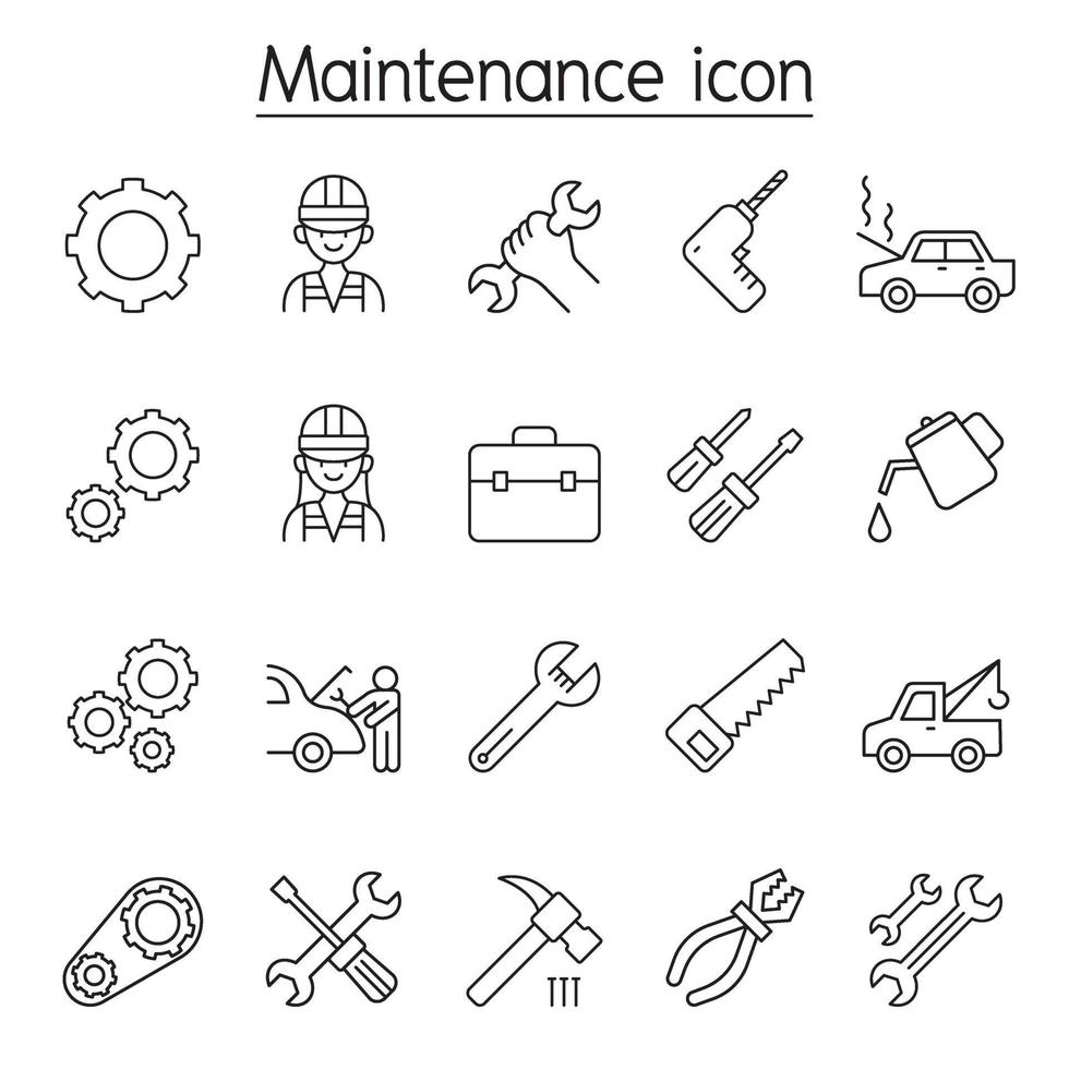 ícone de manutenção e fixação definido em estilo de linha fina vetor