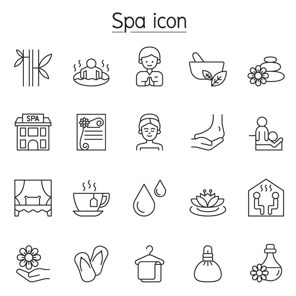spa, ícone de aromaterapia definido em estilo de linha fina vetor