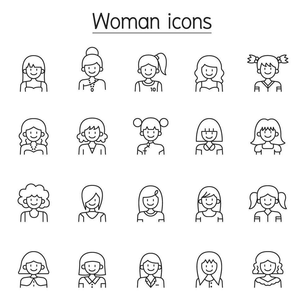 ícone de mulher definido em estilo de linha fina vetor