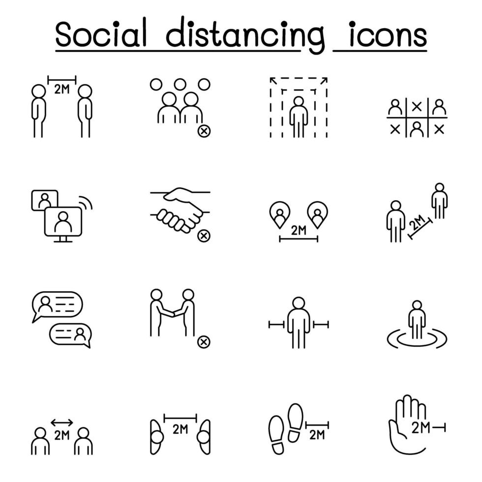ícone de distanciamento social definido em estilo de linha fina vetor