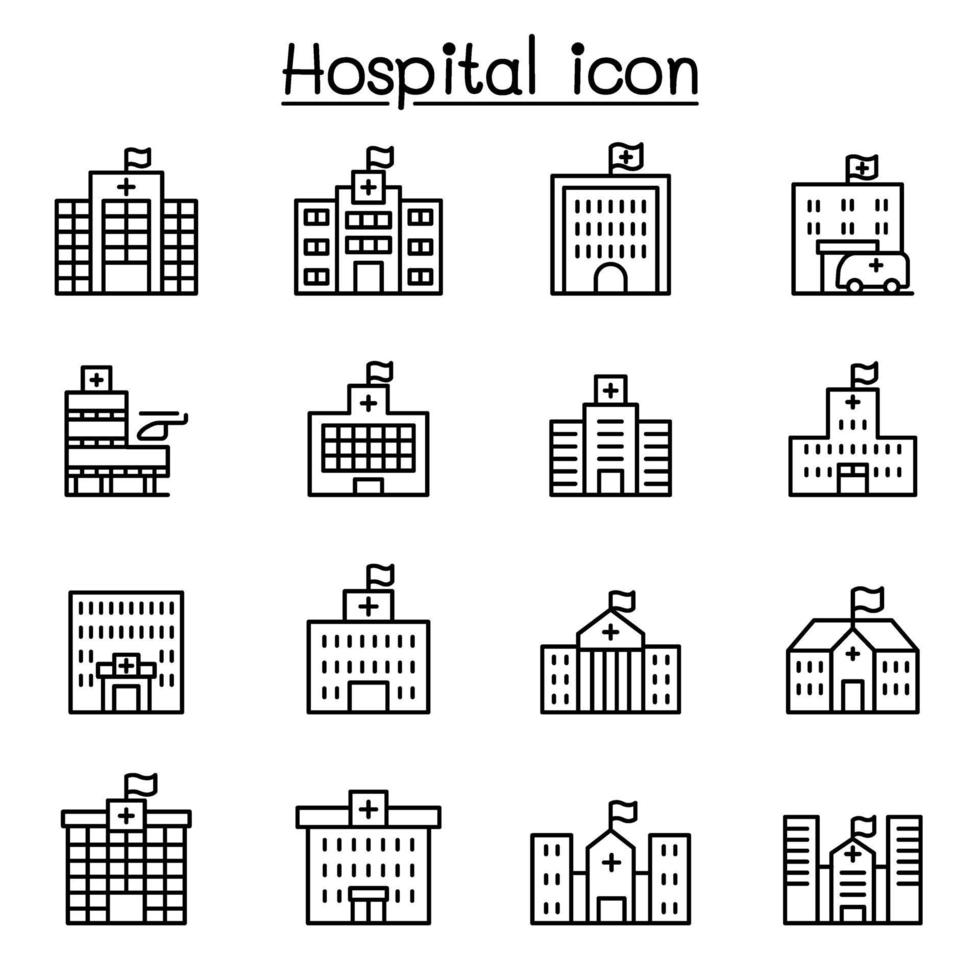 ícone de hospital definido em estilo de linha fina vetor