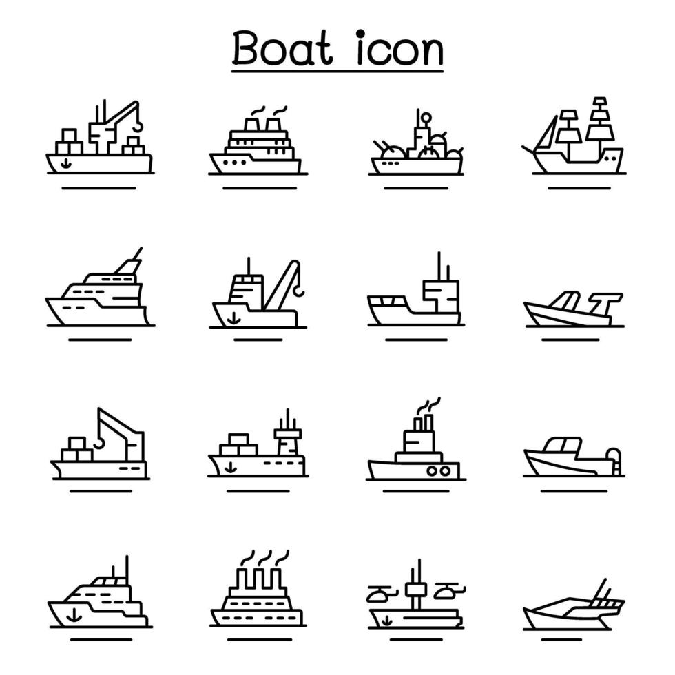 barco, ícone de navio definido em estilo de linha fina vetor