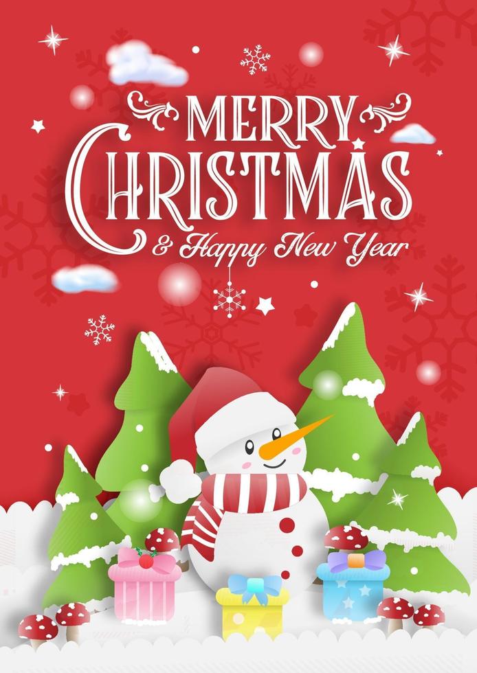 cartão de convite de feliz natal vermelho com caixa de presente de boneco de neve e fundo de árvore vetor