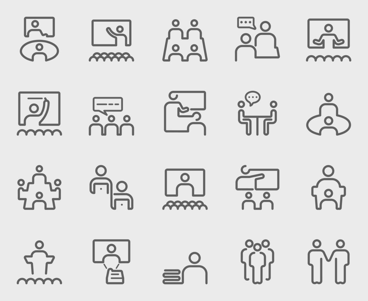Conjunto de ícones de linha de reunião de pessoas e trabalho em equipe vetor
