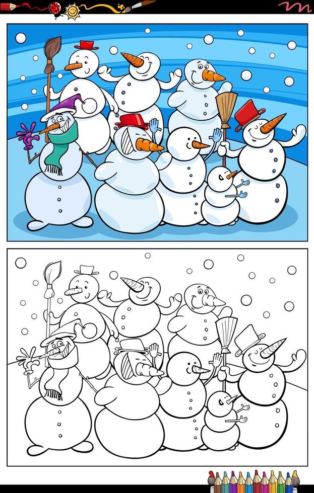 desenhos animados personagens engraçados bonecos de neve para colorir página vetor