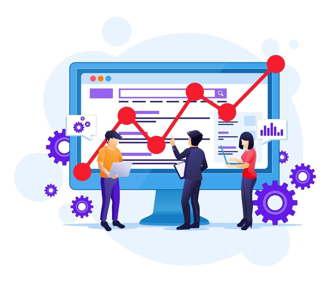 conceito de análise de seo com pessoas trabalham na tela. ilustração de otimização, marketing e estratégias de mecanismo de pesquisa vetor