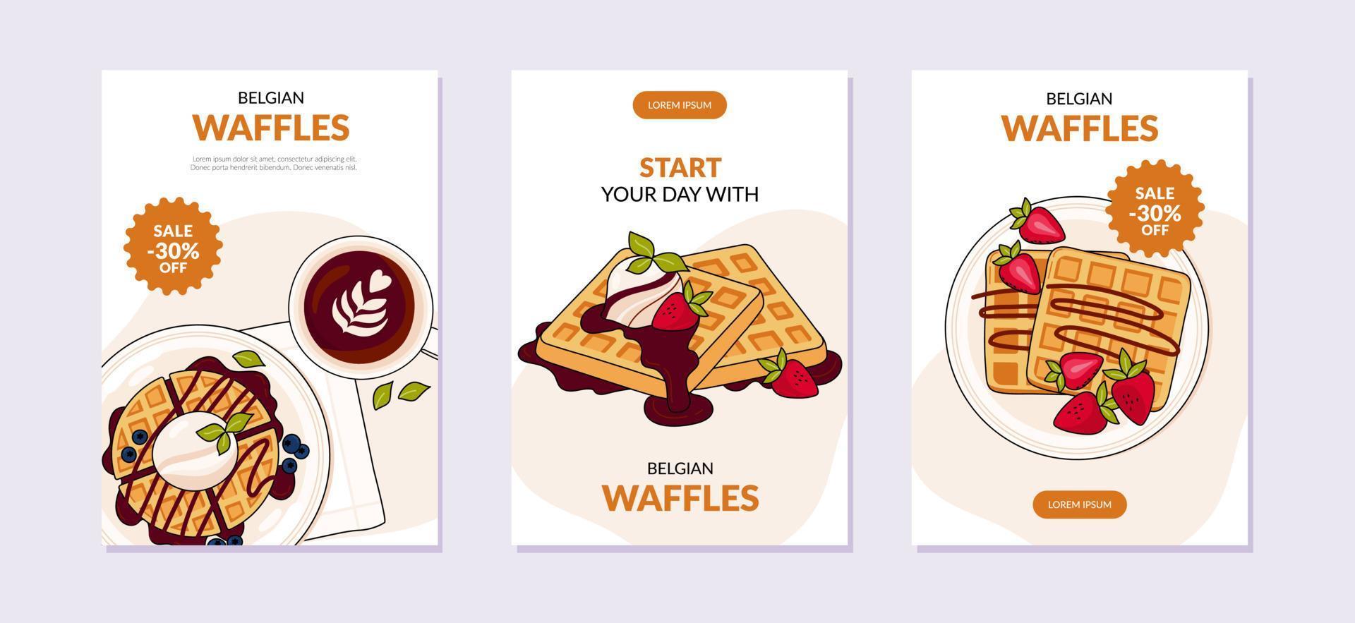 conjunto do cartazes com colorida Belga waffles. diferente waffles em uma Brigth fundo. especial oferecer. vetor ilustração dentro rabisco estilo. bandeira, promoção, anúncio, cartão, cobrir, poster.