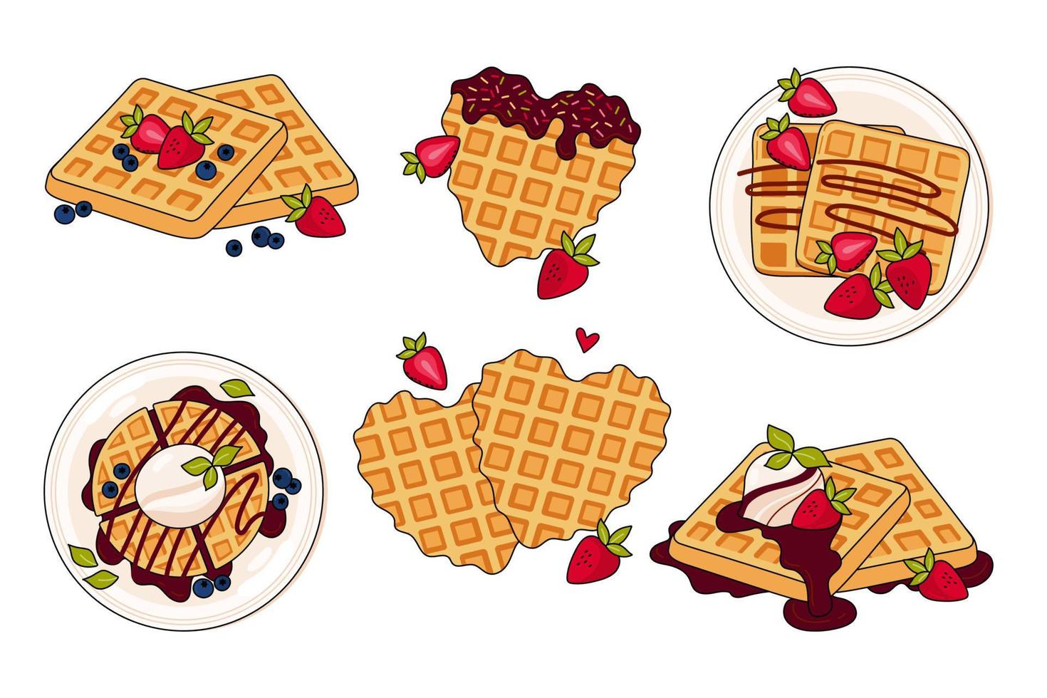 conjunto do diferente Belga waffles. vetor ilustração dentro rabisco estilo. saudável comendo, culinária, café da manhã cardápio, sobremesa, receitas. perfeito para bandeira, local na rede Internet, poster, cardápio, anúncio.